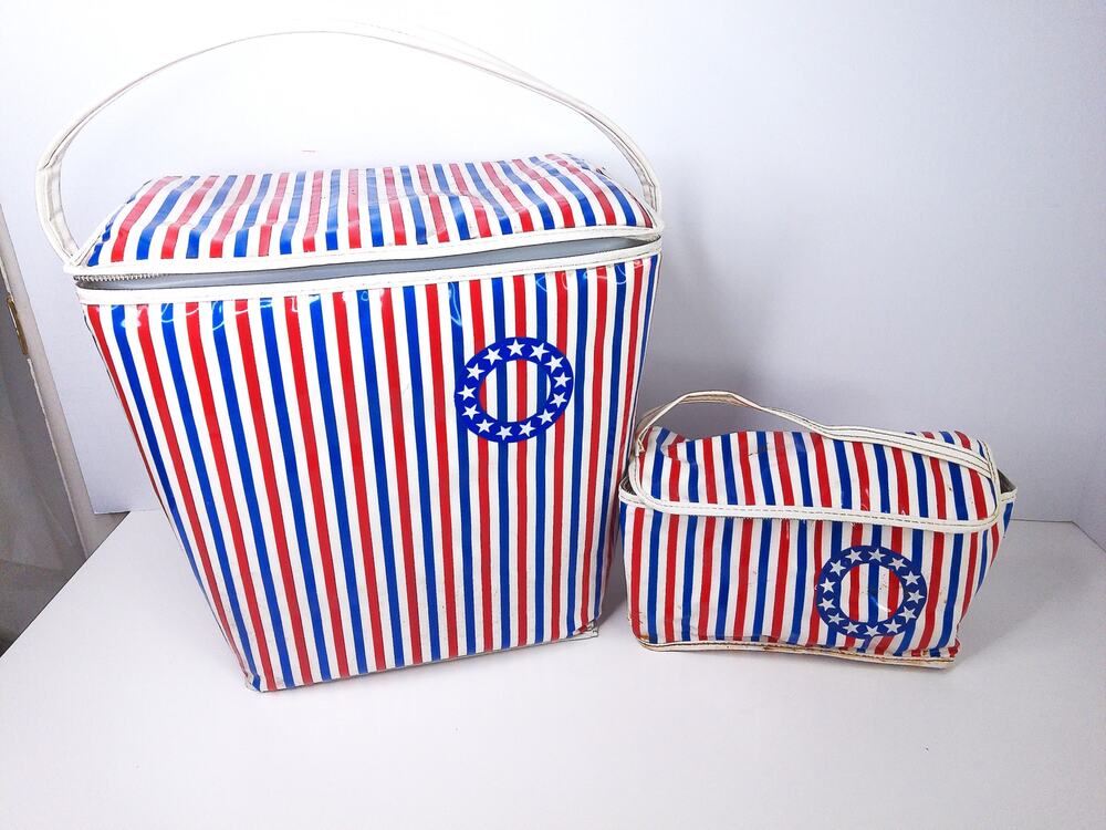 Vintage Prepac Vinyl Insulated Cooler Bags Red White Blue Stripes Set of 2